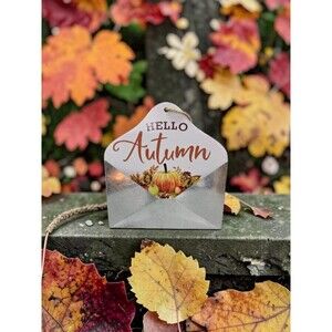 Hello Autumn Wall Decor Metal Envelope Hanging Sign Fall Seasonal 7x7